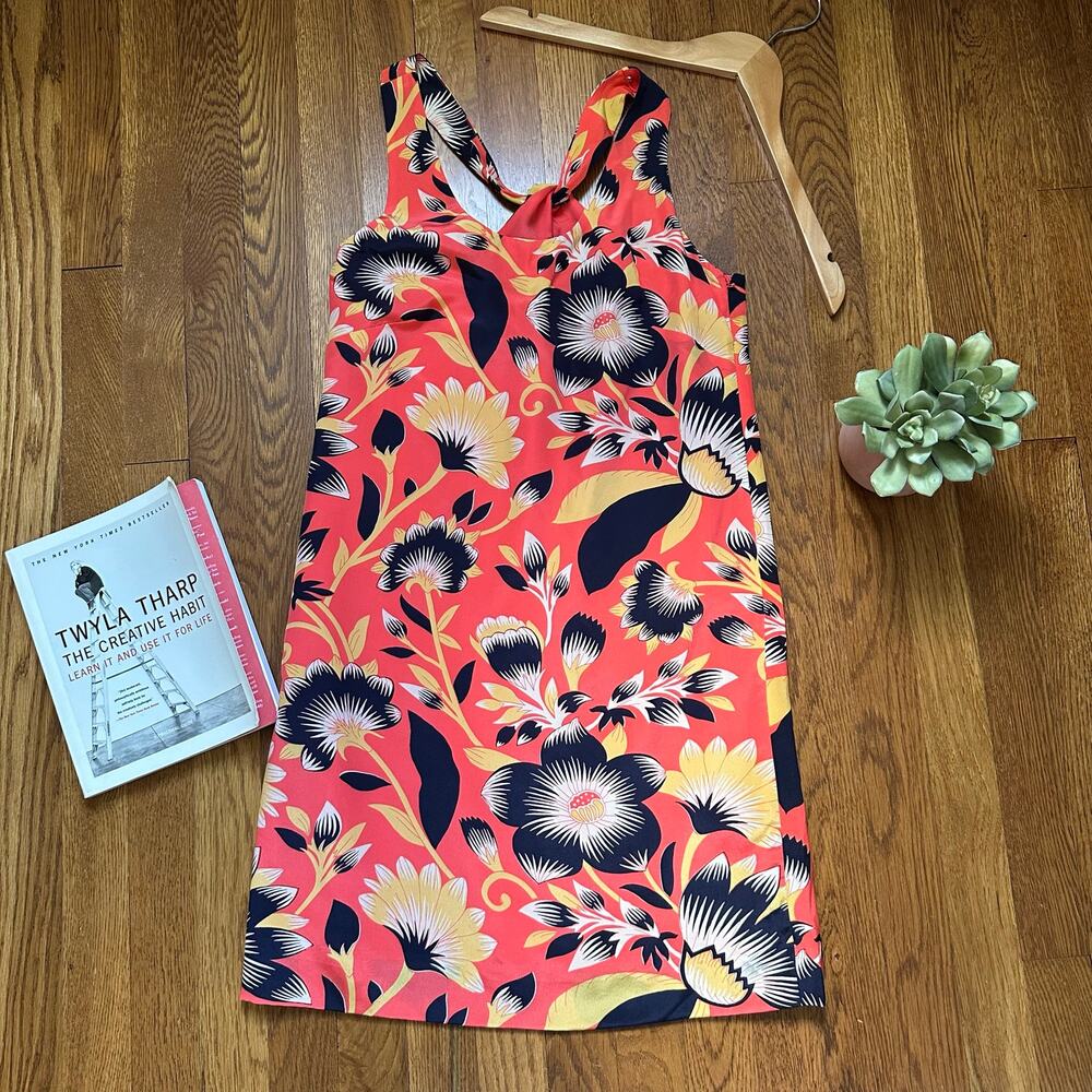 J. Crew Coral Twist Back Hibiscus Floral Silk Shift Dress